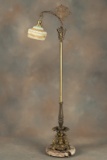 Beautiful antique brass and marble Floor Lamp, circa 1920s, with original embossed pastel pink & gre