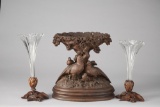 Three Piece Black Forest Mantle Set to include a large carved Centerpiece with pheasants and chicks
