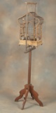 Antique Wooden Victorian Style Bird Cage & Stand complete with little birds, circa 1900, in original