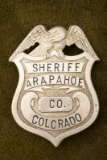 Vintage Shield Badge with Eagle Crest  marked â€œSHERIFF/ ARAPAHOE/ CO./ COLORADOâ€ with black soft