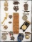 Framed extremely rare Collection of 12 Suspension Badges and 2 small brass Fobs, 14 pieces total, to