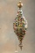 Unusual vintage, leaded & stained glass Hallway Hanging Fixture in brass frame, heavy jeweled staine