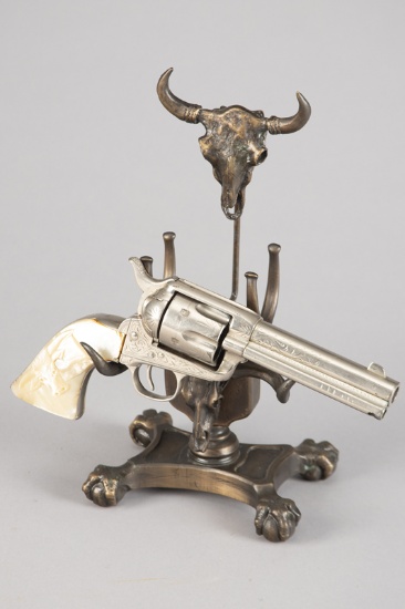 Fantastic solid bronze steer head Pistol Stand with buffalo skull crest on heavy claw foot base, 12