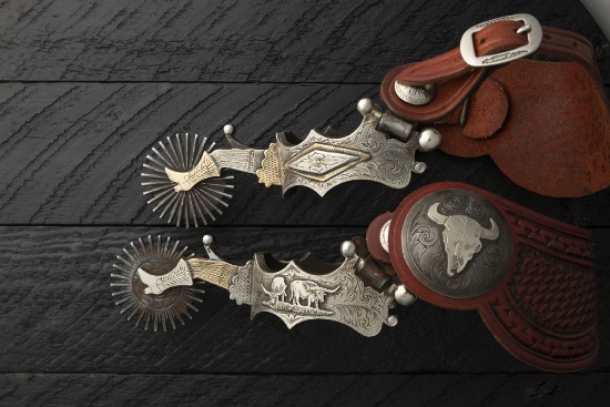 Lytle & Mower marked Spurs, incredible double mounted hand engraved with raised Longhorns on one sid