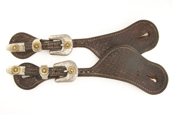 Fancy pair of vintage basket weave two-piece Spur Straps with gold and silver plated buckles and kee