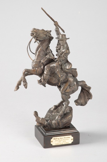 Bronze Sculpture by artist Jeff Gottfried titled "Riding Into Destiny", depicting the rider as being