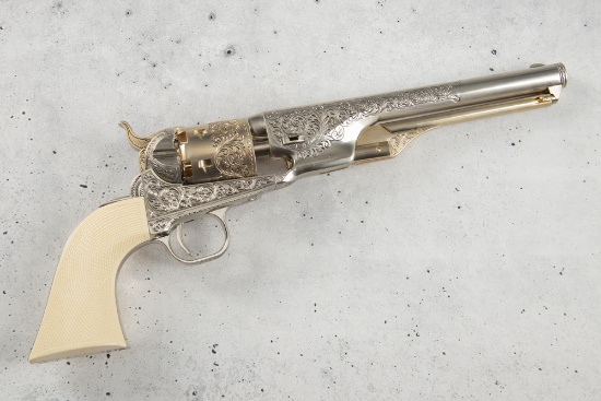 Pristine replica of an engraved Colt, Model 1860, Army Revolver, SN 13511. It is a non-firing plugge