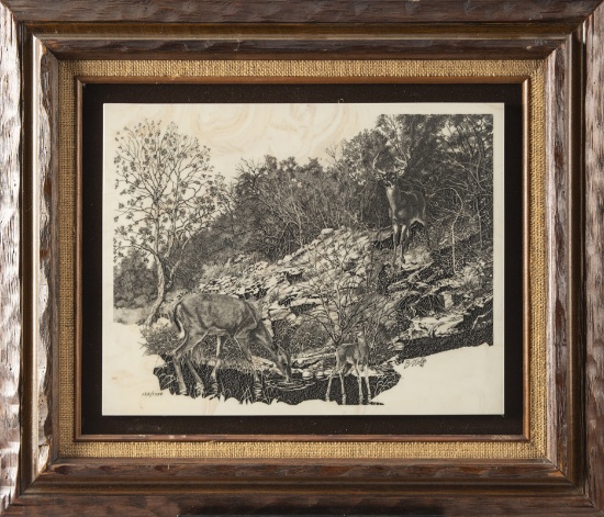 Framed Marble Etching by noted Texas Artist Bassel Wolfe (1932-2020), titled "Quiet Vigil", signed a