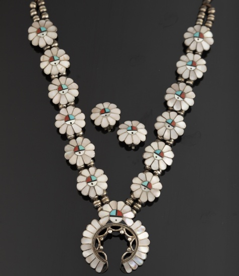 Zuni three piece Silver, mother of pearl, coral, turquoise and black onyx "Squash Blossom" Necklace