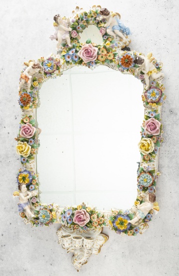 Extremely fine Capodimonte Hanging Mirror, 33" T x 18" W. This mirror is surrounded by porcelain flo