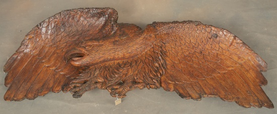 Fantastic hand carved Eagle with wing spread of 58" W, has incredible detail and is 20" T x 7" D and