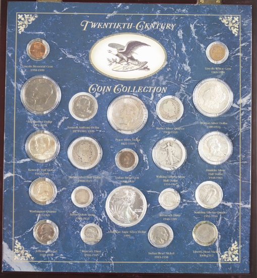 Cased "Twentieth Century Coin Collection", 21 various coins in new and used condition, each coin is