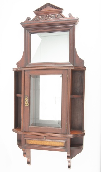 Unique two piece Walnut Victorian hanging Wall Curio, 46" T x 20" W  with beveled glass door and sin