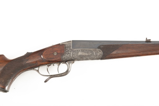 German engraved Single Shot Rifle, 7.7 MM caliber, SN 696, blue finish, 22" octagon barrel, marked o