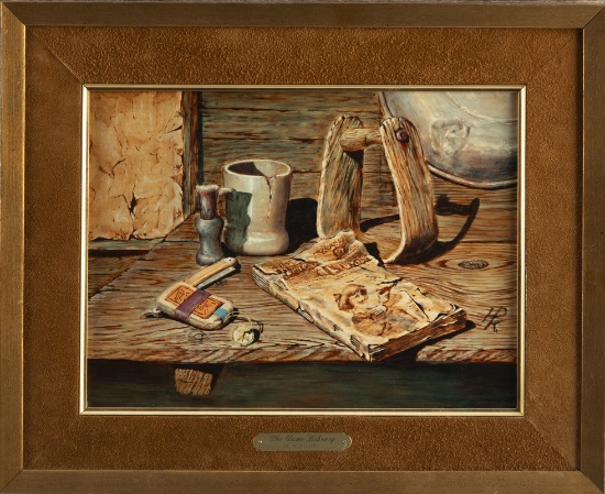 Western Oil on Board by Arizona Artist DE KEUKELAERE, titled "The Dime Library". Actual Painting is