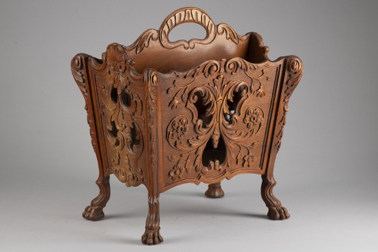 Beautiful antique carved claw foot Magazine Stand, circa 1920s, extremely fine quality, measures 13
