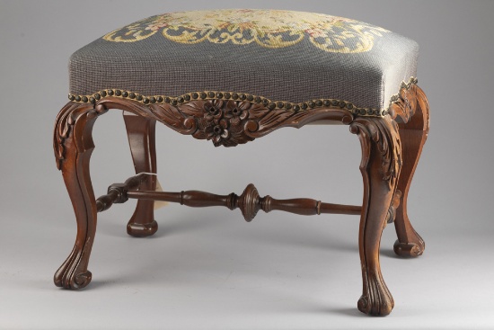 Fine quality antique floral carved Ottoman, circa 1920s, fine craftsmanship and needlepoint cushion