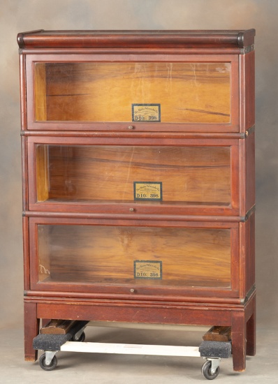 Antique three stack mahogany Lawyers Bookcase made by Globe-Wernicke Co., original finish, nice over