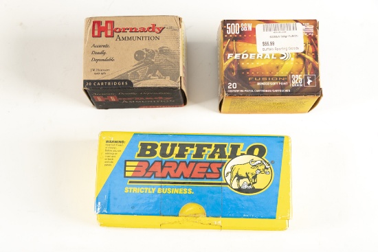 Three Boxes of 500 S&W Mag. Cartridges, totaling 60 rounds. One box is Hornady, one is Federal, one