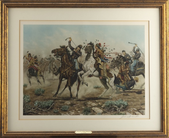 Framed action Print, hand signed at lower right Joe Grandee, 1972, titled "Death To the Long Knives"