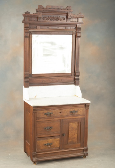 American Victorian Walnut, marble top Washstand, circa 1890s, with original beveled glass mirror, me