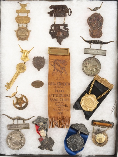 Framed extremely rare Collection of 12 Suspension Badges and 2 small brass Fobs, 14 pieces total, to