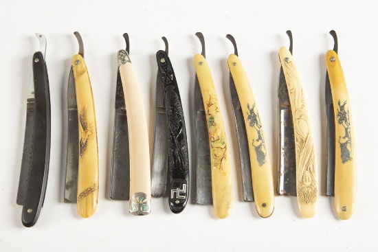 Framed collection of  eight (8) Straight Razors. One is marked "LONE STAR" on the blade with mother