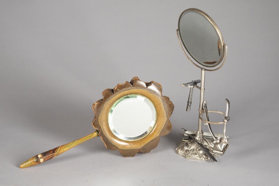 This lot consists of the following Items. An embossed silver Shaving Mirror with beveled mirror, mea