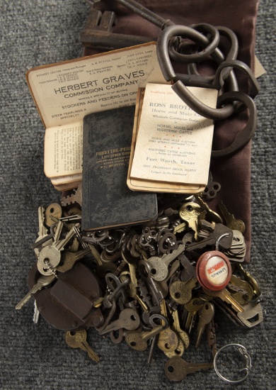 This lot consists the following Items. An actual authentic set of Jailer's Keys. A vintage Canvas Ba