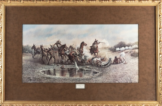 Framed Western Print by San Antonio, Texas Artist Donald M. Yena, titled "High Price of Water", in b