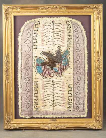 Incredible vintage, large framed, Embroidered Silk Banner with glass beads and buttons done in a sil