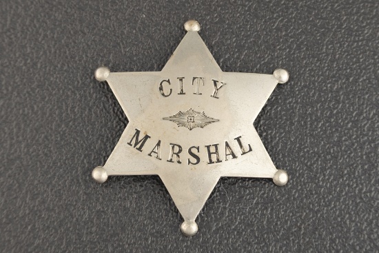 Vintage Silver Six-Point Ball Star Badge, marked "City Marshal", 2 1/2" across points. Hallmarked "W