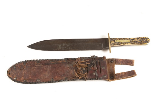 Early Spear Point Side Knife with stag grips. Blade is marked "Rio Grande Camp Knife", measures 9 7/