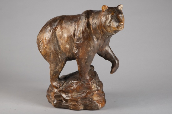 Large molded chalk Bear Statue, measures 18" T x 18" L, mounted on a simulated rock base.