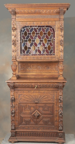 Beautiful antique leaded and stained glass, oak two-piece, step back Bar, in original finish and con