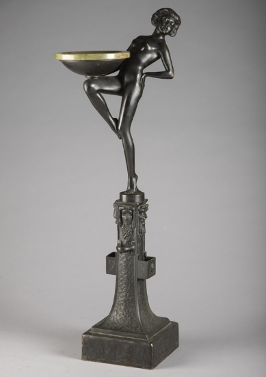 Heavy bronze figural Cigar Stand with green onyx removable ashtray that has small nick on outside ed