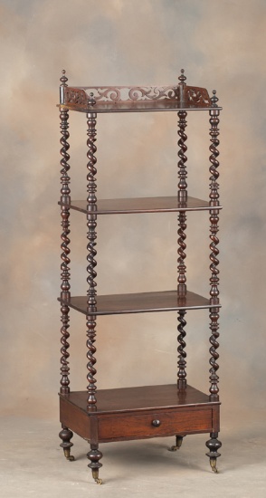Antique Rosewood Victorian Canterbury (Music Stand), with single drawer footed base, has four shelve
