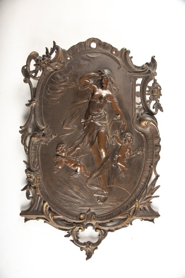 Beautiful antique bronze Wall Hanging Plaque in Art Nouveau style with semi-nude lady and cherubs at