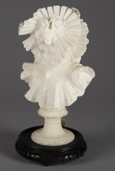 Intricately carved Marble Bust of Victorian Lady. Beautiful detail on carved wooden base. Measures 1