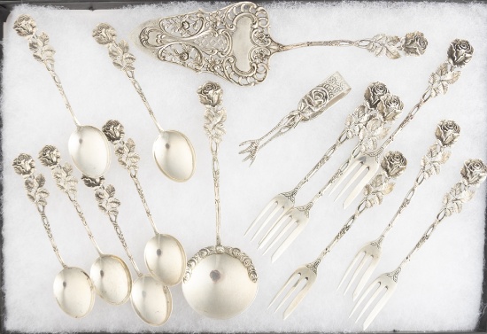 Beautiful partial set of Rose Hildesheimer Pattern Flatware, marked "800" silver, totaling 15 pieces