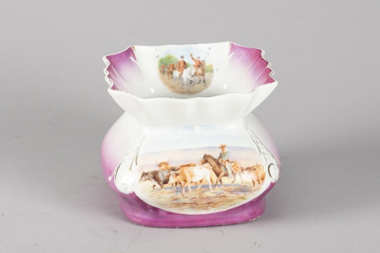 Very unusual, vintage porcelain Cowboy Spittoon, 6 1/4" T x 7 1/2" dia. with unique scene on front w