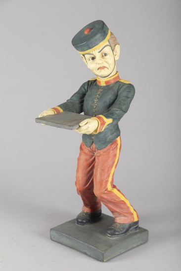 Unique Molded Bell Hop Business Card Holder, 22" T with 7 1/4" x 6 3/4" base. Excellent paint.