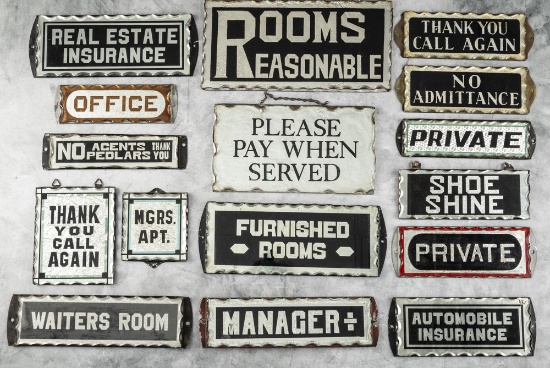 Very desirable collection of 16 vintage Chipped Glass Signs. Extremely rare to find a group of this