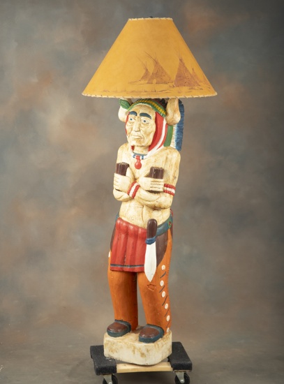Near life size chalk Cigar Store Indian Floor Lamp with tepees on shade, measures 64" T x 11" base.