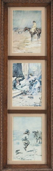 Antique frame with set of three Prints, marked by artist "C.M. Russell". Prints are titled  "Just A