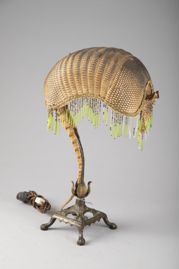 Antique Table Lamp with Armadillo Shade, circa 1920s, shade is mounted on footed cast iron base, mea
