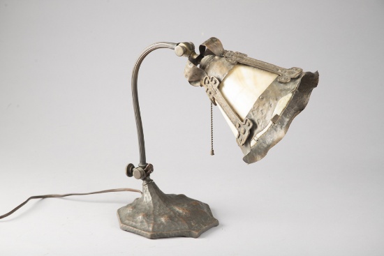 Fine antique, Arts & Crafts, slag glass and bronze Table Lamp with heavy weighted base, circa 1920s,