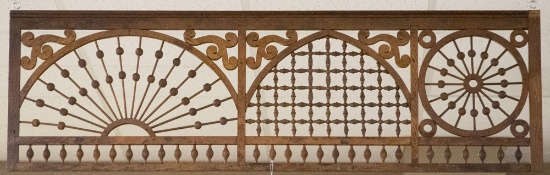 Antique oak stick and ball Fret Work, circa 1890s, measures 58 1/2" L x 18" T in original finish. Th