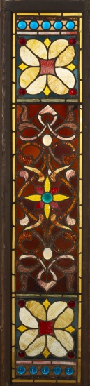 Antique leaded and stained glass, jeweled Victorian Transom Window, circa 1890s, with beautiful glas