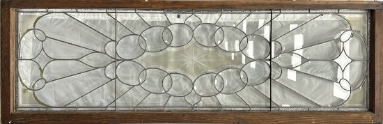 Beautiful antique beveled, leaded glass Transom Window, circa 1890s, with etched center, frame measu